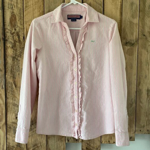 Shep & Ian Ruffled Button Down Pink Striped Shirt Size 2 - Picture 5 of 10